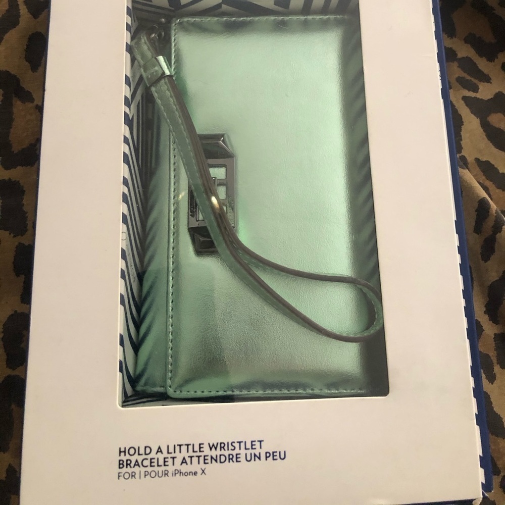 Nicole Miller mobile case green metalic IPhone X wristlet NIB